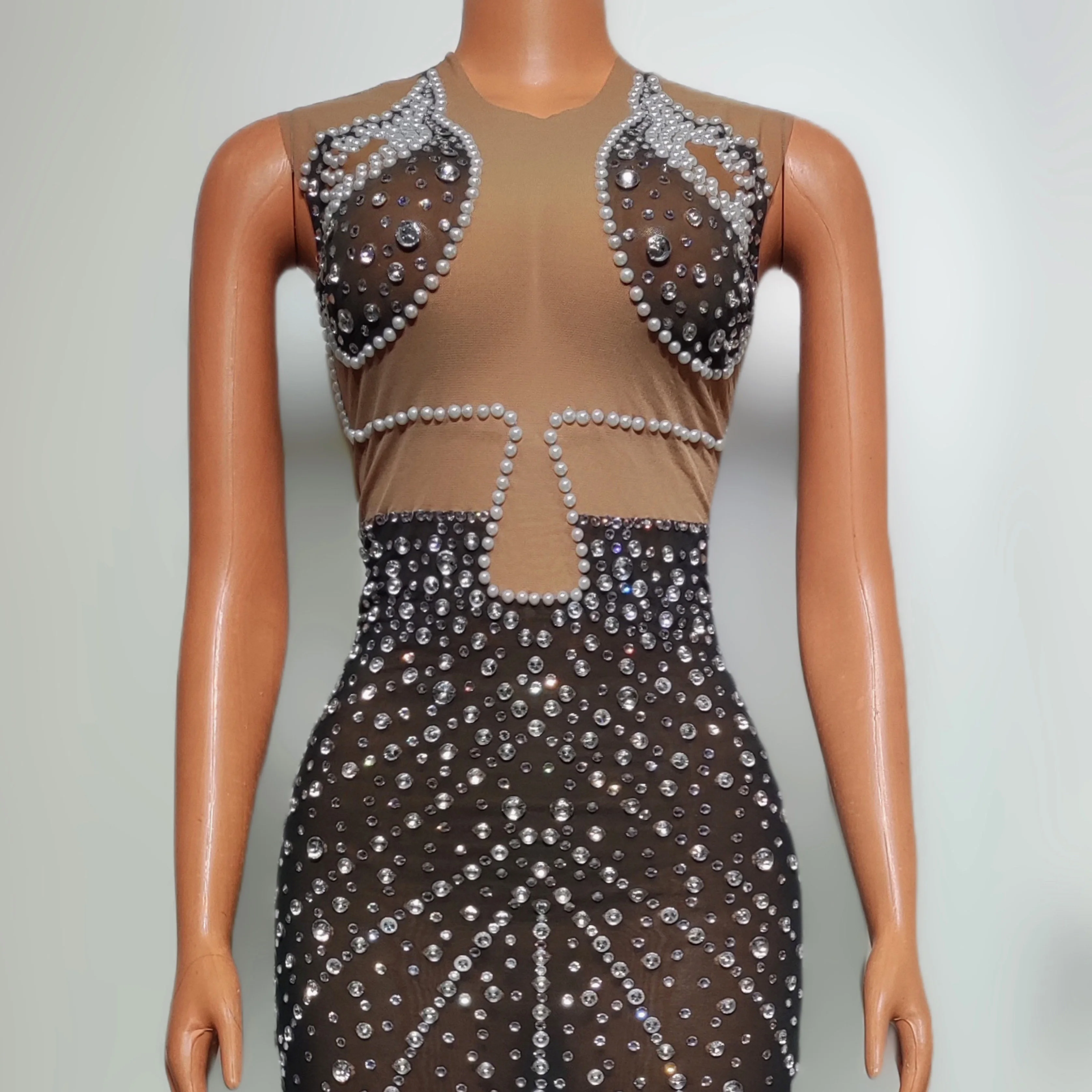 Woman Gogo Dancer Dress Pearl Rhinestone Sleeveless Dresses Singer Stage Wear Nightclub Performance Costume Party Outfits yj352