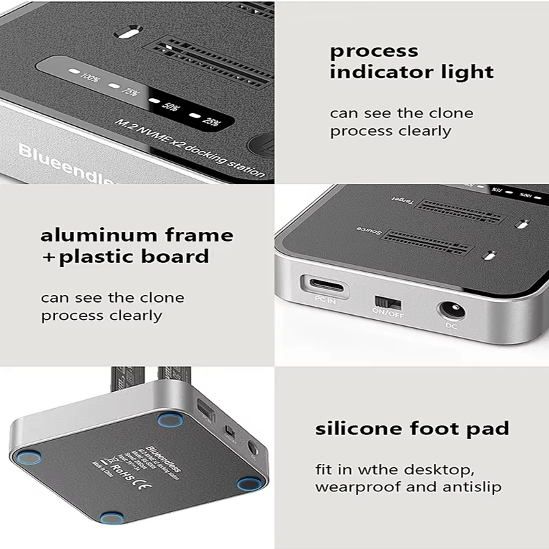 Blueendless Typ-C M.2 NVME SSD-Klon-Dockingstation 8 TB * 4 20 Gbit/s für iPhone-Tablet-Unterstützung 22110, 2280, 2260, 21,2242, 2230 M.2
