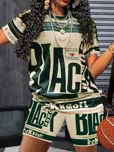 Women's Green & Cream Graphic Print T-Shirt and Shorts Set, Casual Summer Streetwear with Bold Lettering