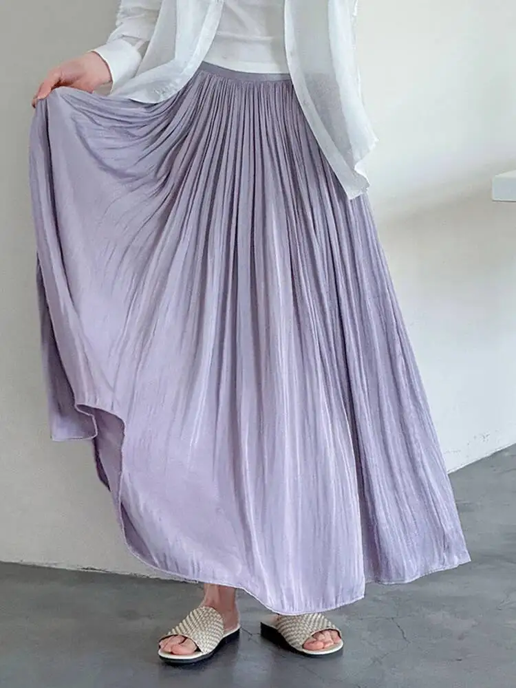 

High Elastic Waist Gray Pleated Elegant Long A-line Half-body Skirt Women Fashion Tide New Spring Autumn