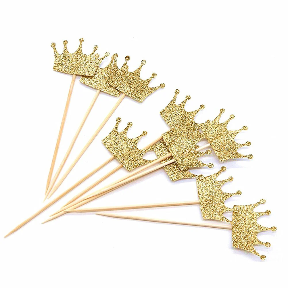 20 Pcs Edible Gold Decor Decorative Tiara Cupcake Picks Glitter Princess Toppers Crown