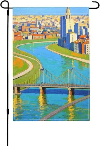 City Landscape With River Garden Flag Double Sided Outside, 12 X 18 Inch RRI