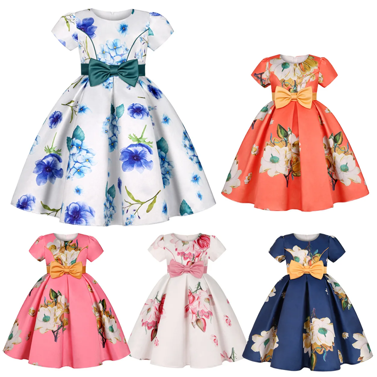 

2024 New European and American Fashion Children's Retro Print Bow Puff Dress Performance Dress