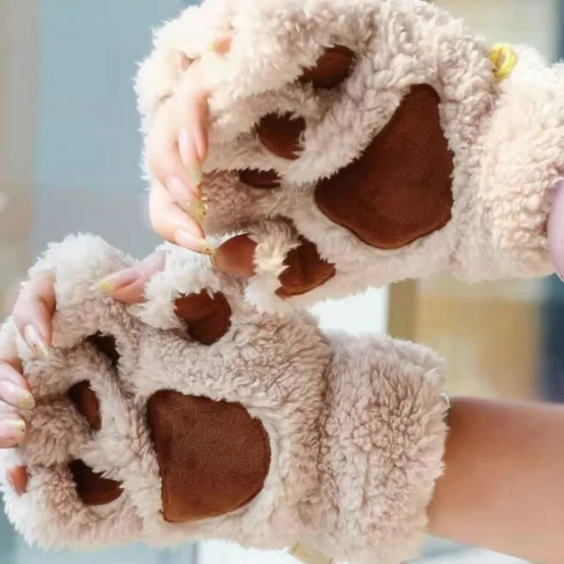 Cartoon Cat Fingerless Gloves Cat Claw Bear Paw Warm Plush Half Finger Glove Thick Fluffy Velvet Mittens Autumn Winter Parts