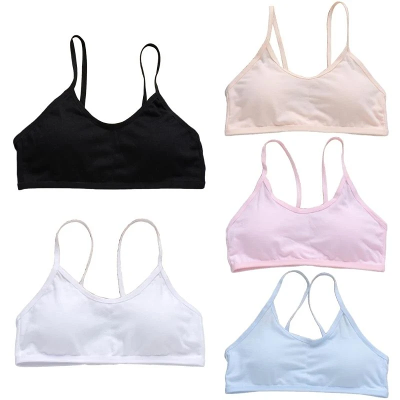 Teenage Puberty Girls Underwear Soft Removable Padded Cotton Bra Solid Color Wire Bralette Cami Top for Yoga Sports G2TD