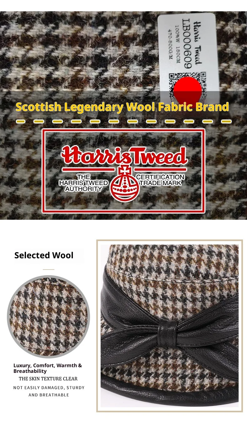 British Import Harris Tweed 100% Wool Fisherman's Hat | Luxury Genuine Leather Women's Goatskin Bucket Hat, Banquet Accessory