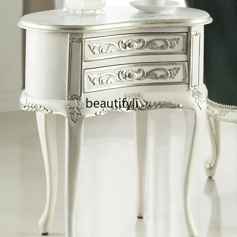 

ss7304 Simple French Elegant White Drawing Silver Bedside Table Solid Wood Bedroom Furniture European Style Bedside Cabinet