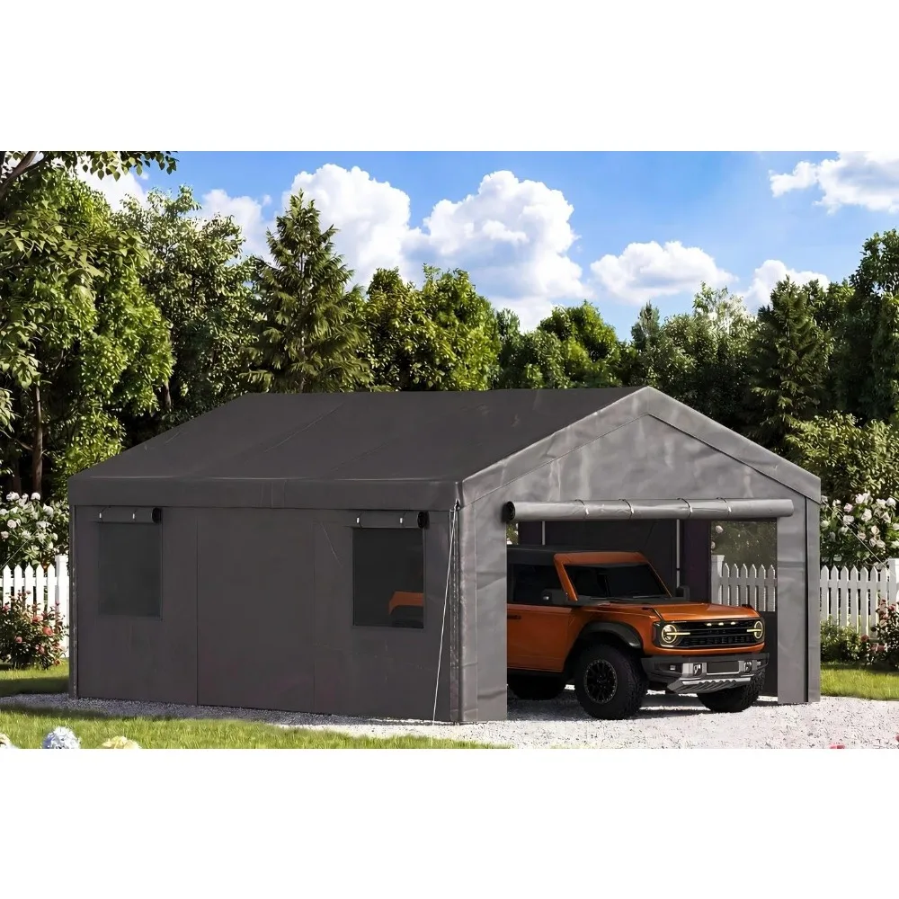 

12x20ft Heavy Duty Carport Portable Garage Canopy Removable Sidewalls Roll-up Windows Doors SUV Truck Boat Storage Grey Custom