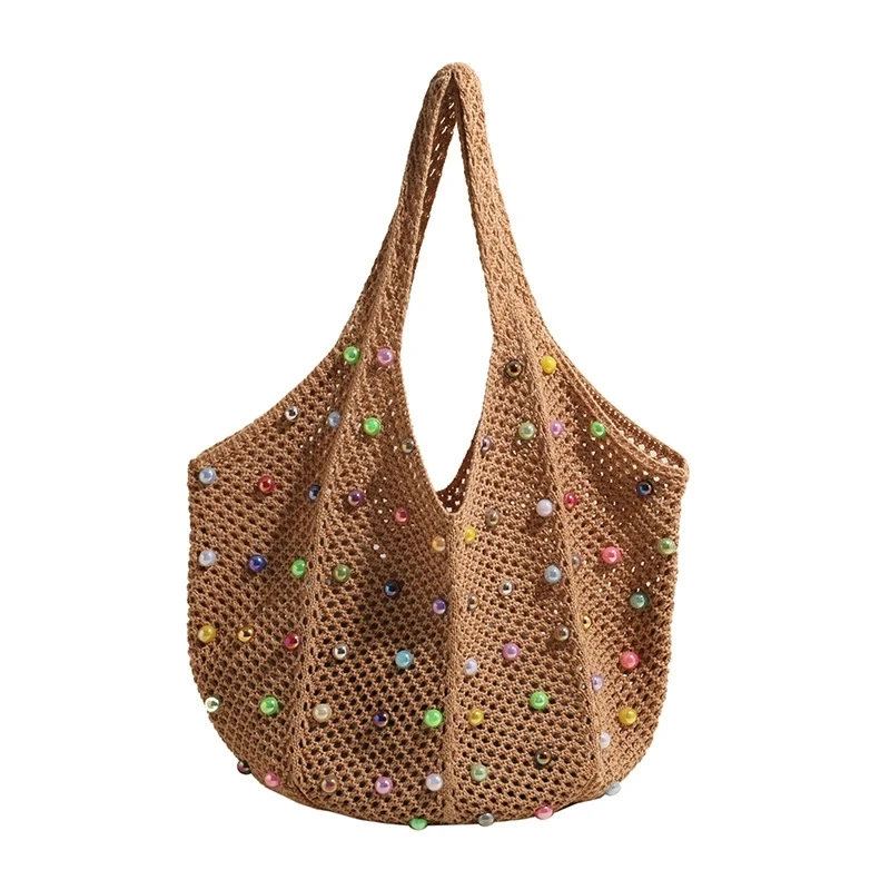 

Summer Commuting Woven Bag for Women Single Armpit Bag, Fashion Large Capacity Tote Bag, Beach Pearl Hollow Handbag Shoulder Bag