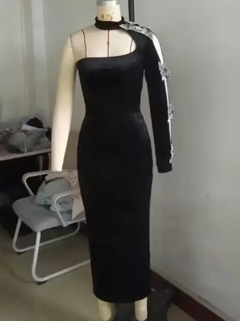 GUWU Sexy Een Schouder Fluwelen Maxi Jurk Vrouwen Avond Nachtclub Party Halter Lange Mouw Strikje Prom Elegante Lange Jurken