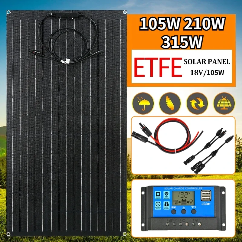 Solar Panel Kit 18V 105W 210W 315W Flexible Solar Panel 12V 24V Waterproof Monocrystalline Solar Cell with 30/60/100A Controller