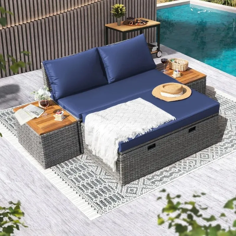 

Patio Day Bed Outdoor Daybed Set Multifunctional Rattan Lounge Bed with 2 Side Tables for Backyard Porch Poolside Lawn Beach