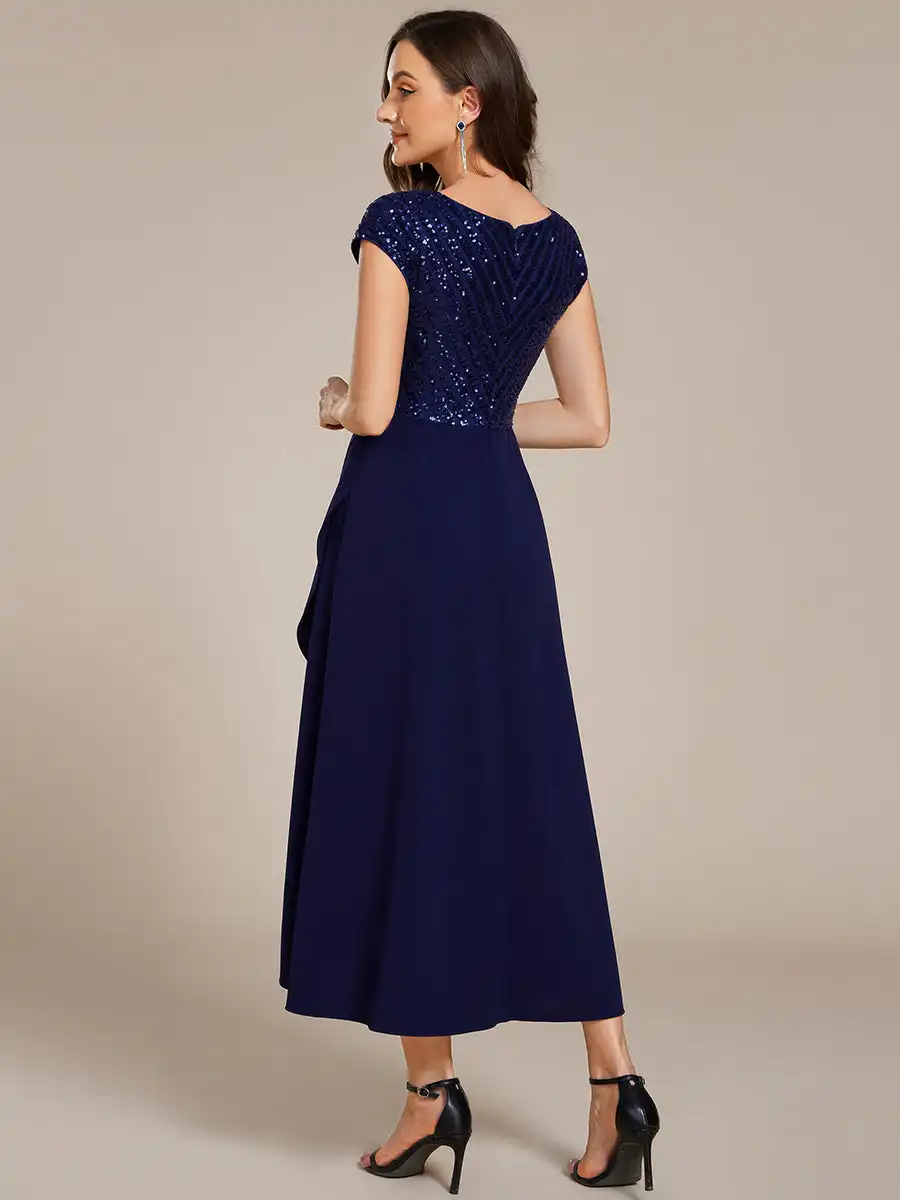 Elegant Evening Dresses Short Sleeve V-Neck Asymmetrical Hem Paillette Detail Ever Pretty of Navy Blue Formal Evening Dress