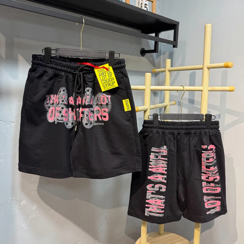 Men Hip Hop Sweat Shorts That's A Awful Lot of Cough Syrup Double Sided Vertical Letter Print Loose Casual Shorts