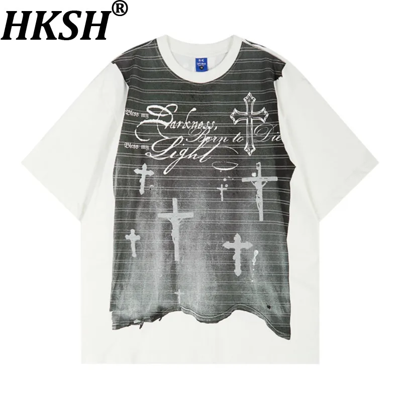 HKSH Summer New Men Tide Dark Gothic Cross Vintage Washed Frayed Irregular Hem Loose Drop Shoulder Short Sleeved T-shirt HK19890