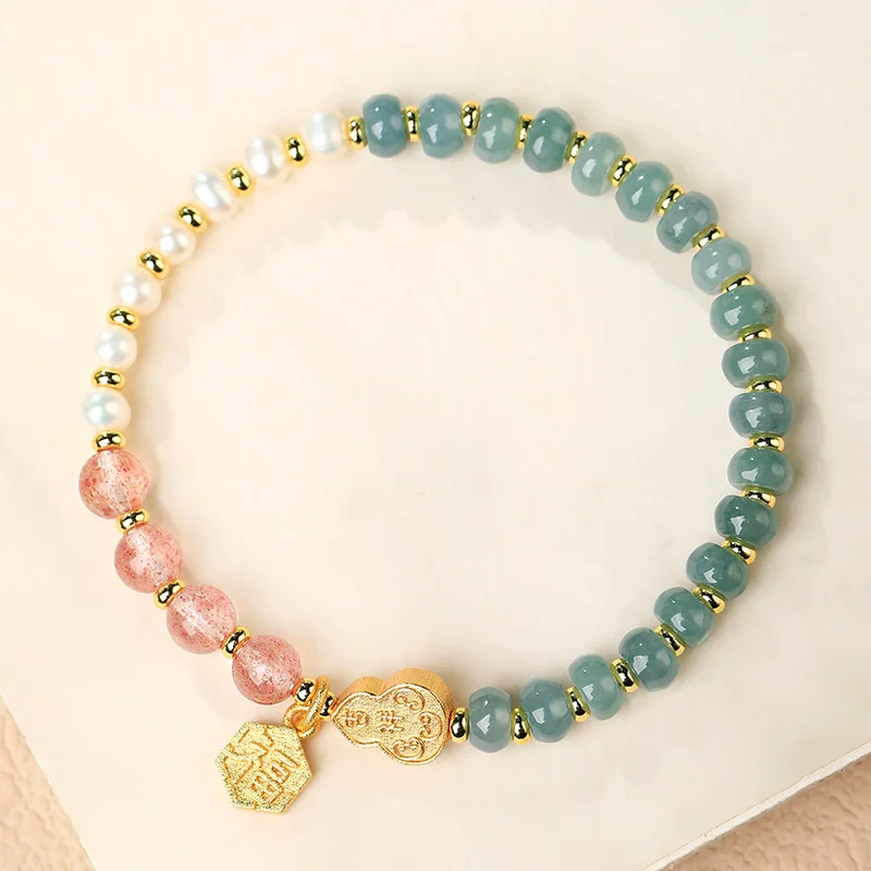 الأزرق المياه اليشم اللؤلؤ جديد النمط الصيني ضوء Luxu مطرز سوار للنساء الراقية الفراولة كريستال فورتشن قلادة HandString #6