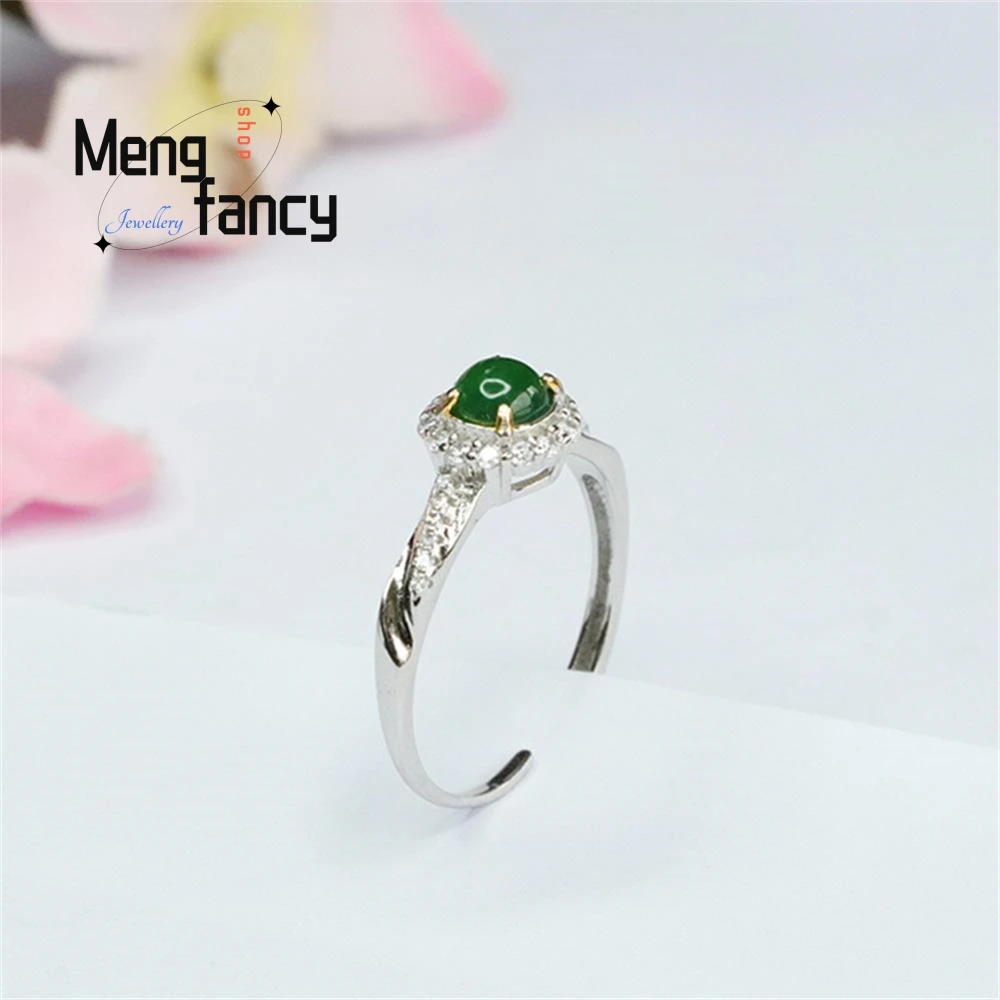 S925 Silber eingelegt natürlichen Jadeit Eis Typ kaiserlichen grünen Fingerring exquisite elegante einfache hochwertige Mode edlen Schmuck