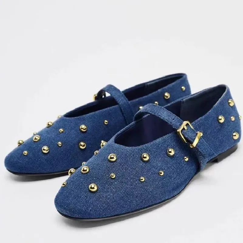 

Blue Denim Ballet Flats Women Luxury Metal Rivet Embellished Designer Shoes Comfortable Round Toe Shallow Buckle Mary Jane Shoes