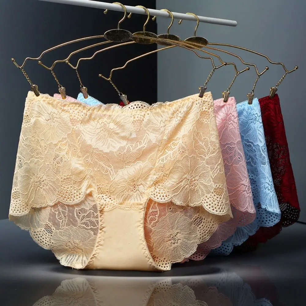 

4PCS Low Waist Lace Flower Panties Mesh Transparent Underpants Seamless Lace Briefs Cotton Crotch Ultra-thin Women Underwear