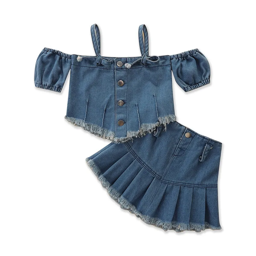 

2Piece Summer Toddler Clothes Baby Girl Boutique Outfits Korean Fashion Denim Children T-shirt+Skirt Kids Clothing Set BC2221