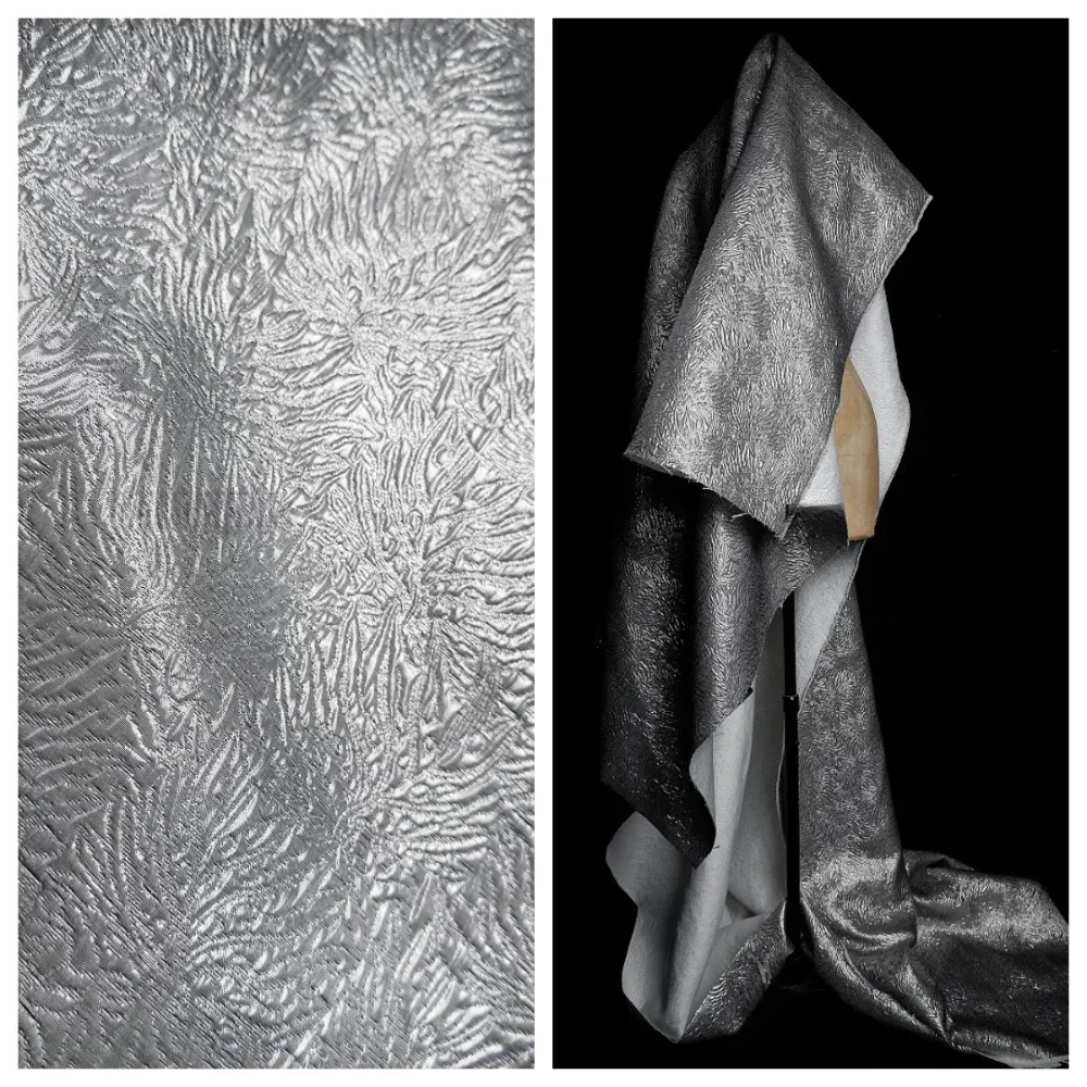 

Silver Quilted Laminated Jacquard Fabric for Outerwear Creative Fashion Designer Fabrics By The Meter Diy Sewing Material Cloth