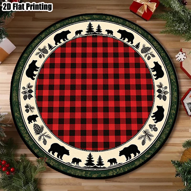 Christmas Round Area Rug Red Black Check Plaid Bear Circle Carpet Non Slip Washable Country Lodge Entryway Home Decor