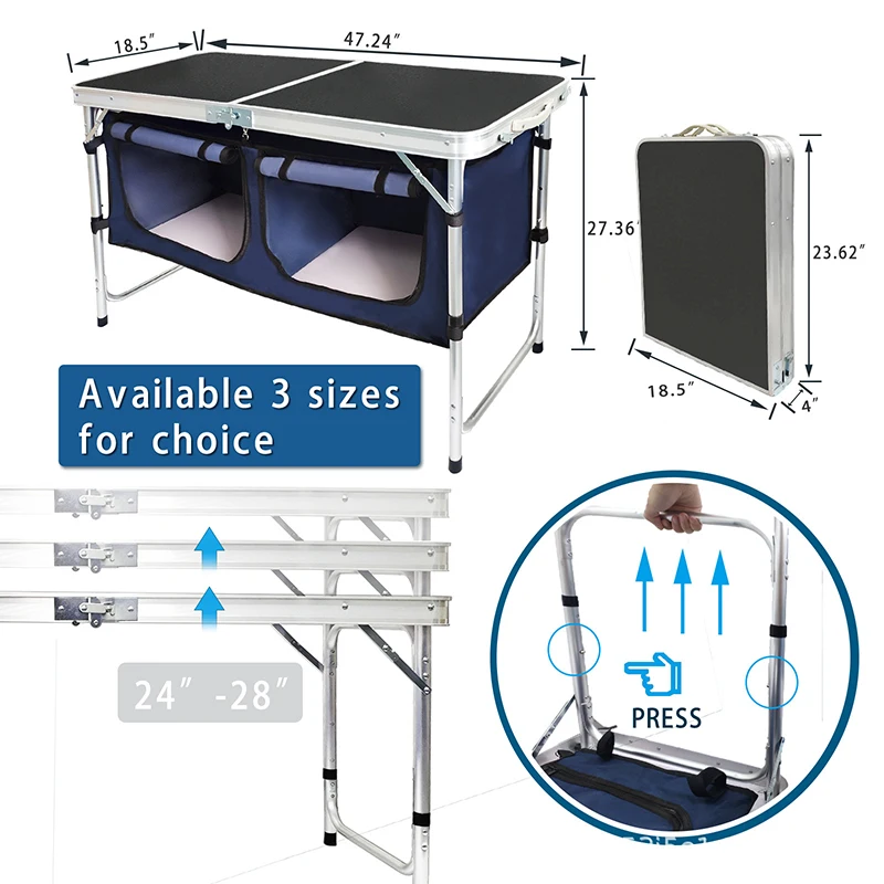 Altura ajustável alumínio Folding Table, Lightweight Camping Table, Storage Organizer, BBQ Party and Camping