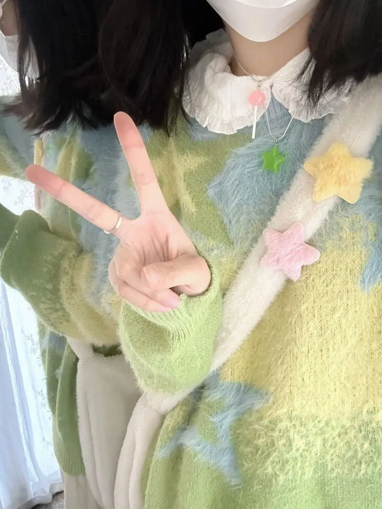 American Retro Casual Star Gradient Sweater For Women Lazy Loose Long Sleeve Tops Mujer 2025 Autumn Winter New Knitted Pullover