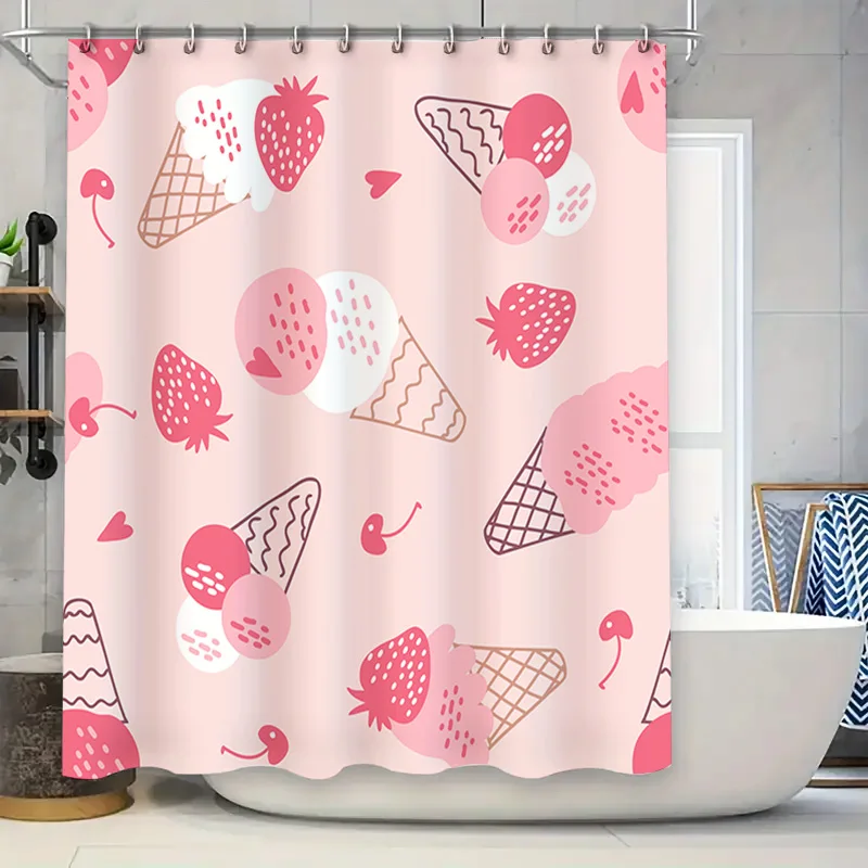 

Strawberry Ice Cream Cone Shower Curtain Pink Bath Decor Home Decoration Customizable Size Available