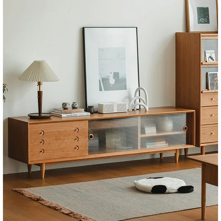 Nordic solid wood TV cabinet figure display cabinet household living room storage floor audio-visual locker