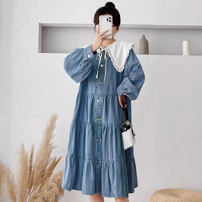 Women's Plus Size Denim Dress Spring New Lace Peter Pan Collar Long Sleeve Tiered Midi Dress Slimming Age-reducing Casual Dress