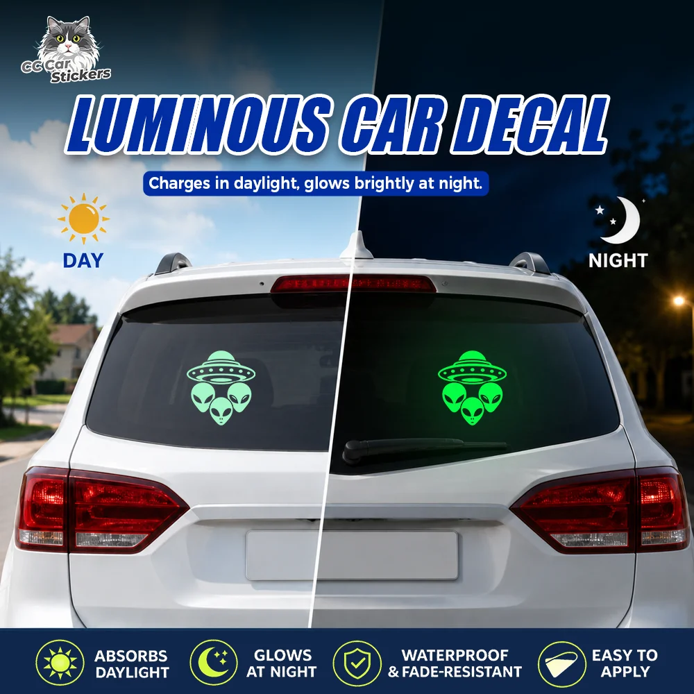 Alien Trio Flying Saucer Glow in the Dark Car Sticker Luminous Vinyl Decal Waterproof Rear Window Sci-Fi Auto Decor Accessory