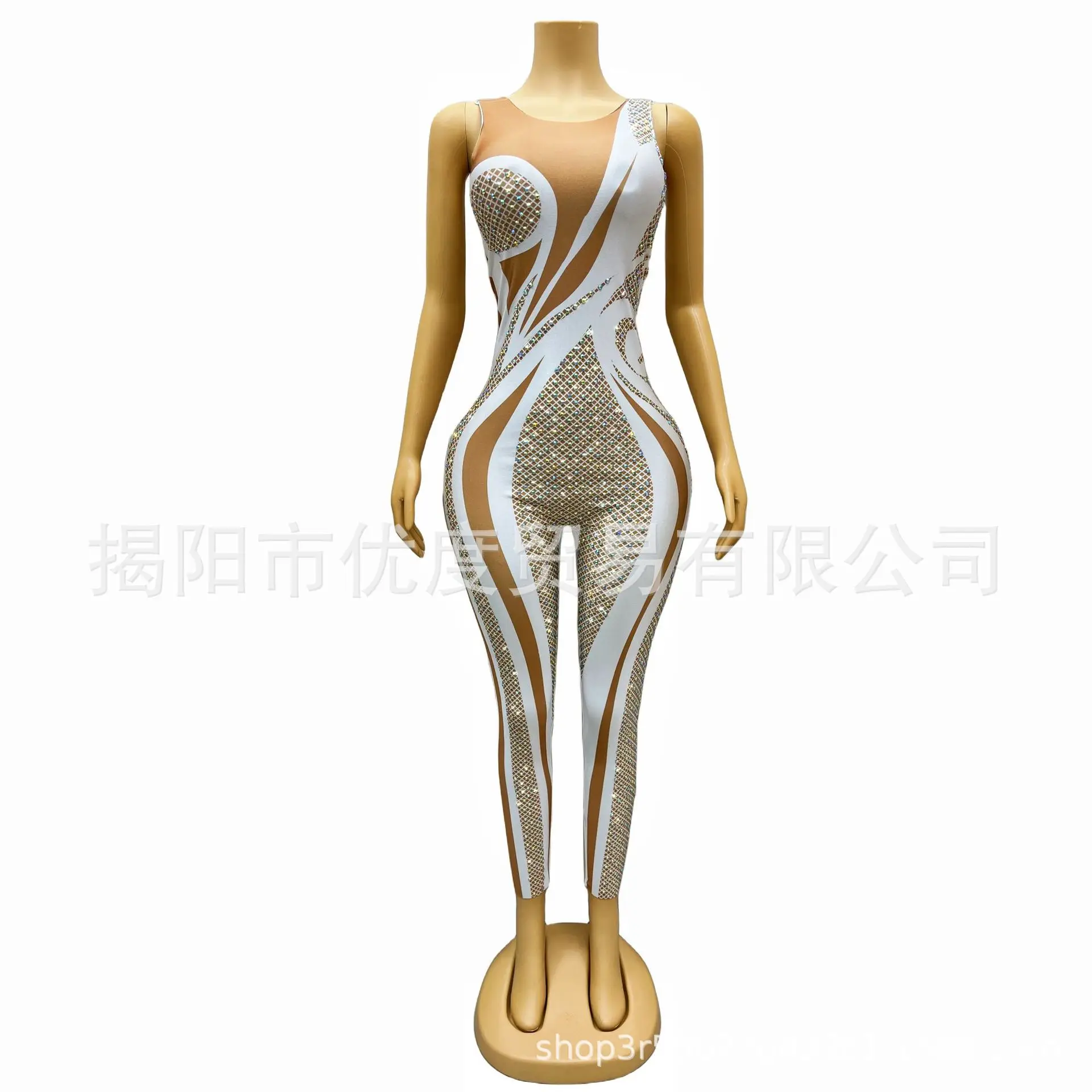 

Sleeveless Tight Sexy Bright Perspective Mesh Rhinestone Birthday Party Night Jumpsuit Performance AB Color Party Dresses Luxury