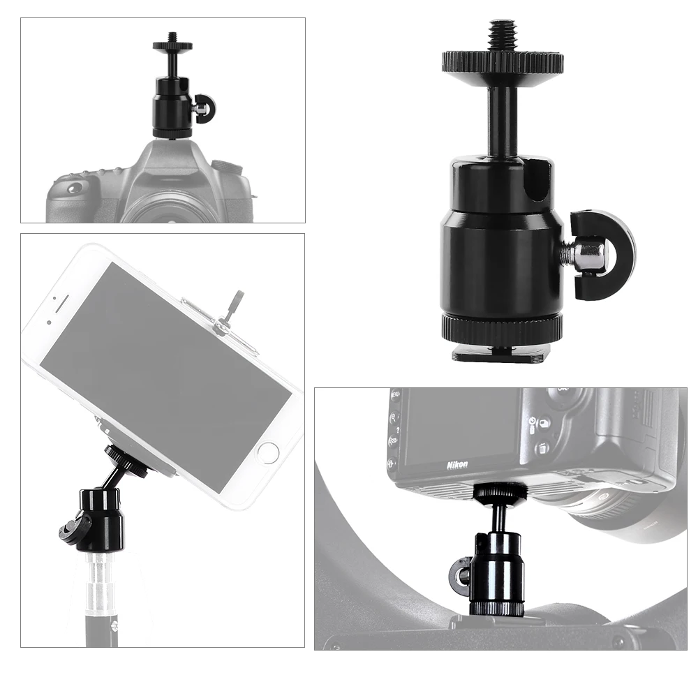 Adaptador de zapata para Flash 1/4, soporte de cabeza de bola con bloqueo + Clip de teléfono, montaje para teléfono móvil Nikon DSLR SLR