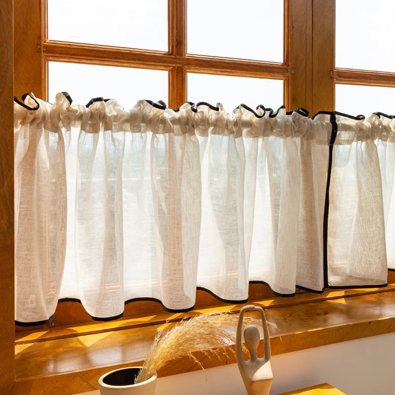 1PC Plain Striped Semi-Sheer Cafe Curtain Dust-proof Partition Short Curtain For Living Room Kitchen Cabinet Wardrobe