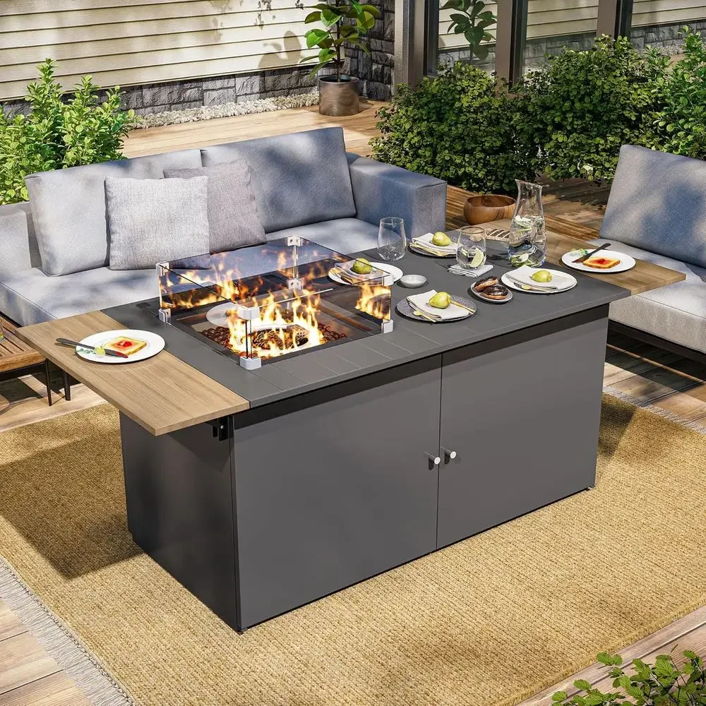 64 Outdoor Propane Fire Pit Table, 55,000 BTU, Expandable 2-in-1 Patio Heater with Wind Guard and Amber Glass Beads, CSA Certifi