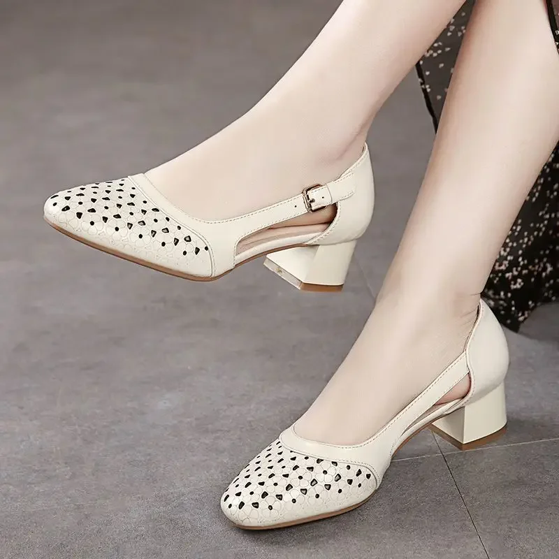 Leather Sandals for Woman Thick Heel Summer 2024 with Medium Heels Beige Closed Footwear Women\'s Shoes Sandal Casual H Trend Vip