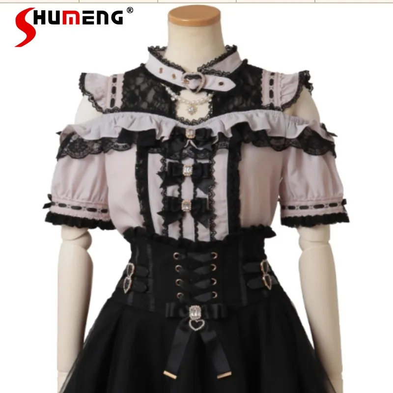 

Japanese Lolita Ji Sleeves Single-breasted Blouse Soft Girl Off The Shoulder Three Bow Half Sleeves Shirt 3 Colors Can Choose