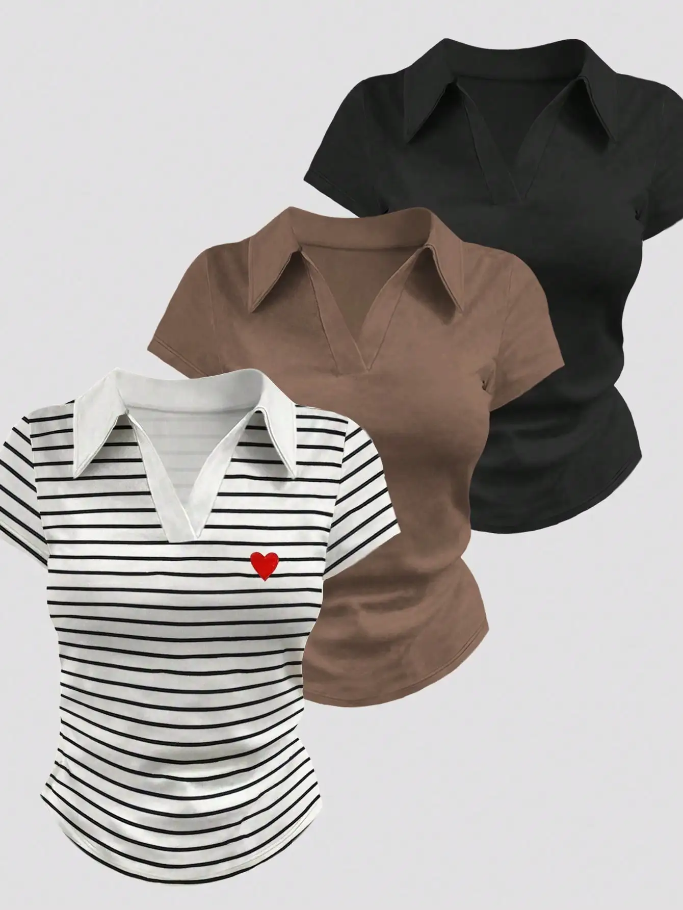 

Women's V-Neck Short Sleeve T-Shirt with Collar, Striped & Solid Colors, Casual Summer Top