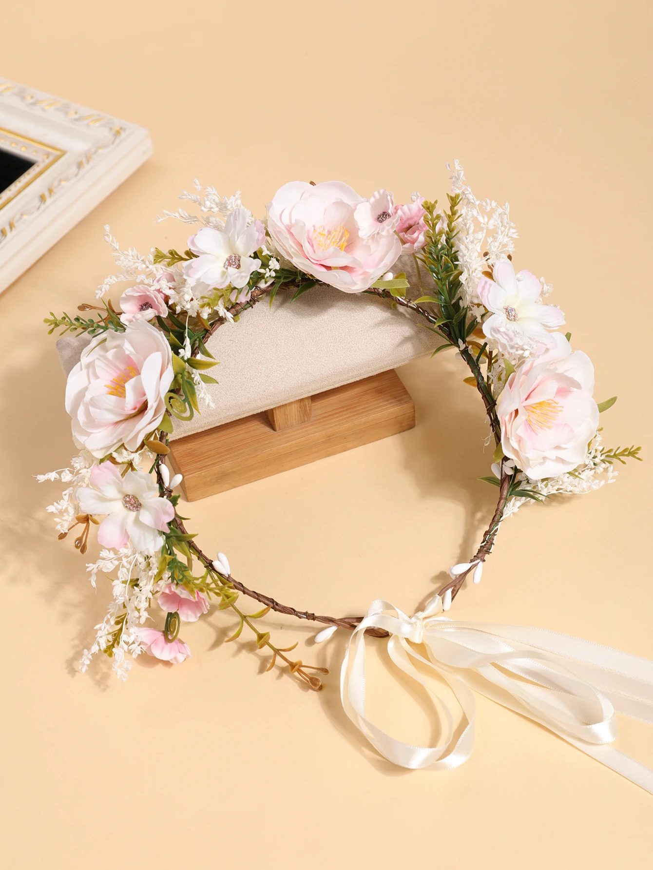 Gentle Light Purple Peony Artificial Flower Wreath, Adjustable White Ribbon Forest-Style Headband, Bridal Wedding Photography Flower Headpiece image 6