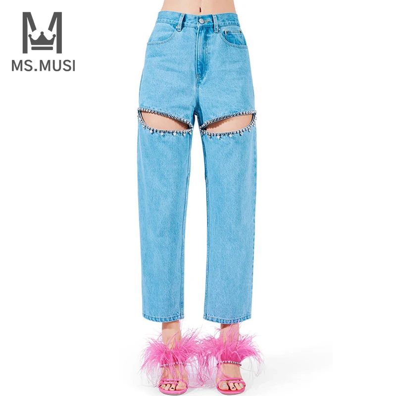 MSMUSI 2024 New Fashion Women Sexy Lady Crystal Sequins Hollow Out High Waist Denim Pant Party Club Bodycon Jeans Full Long Pant