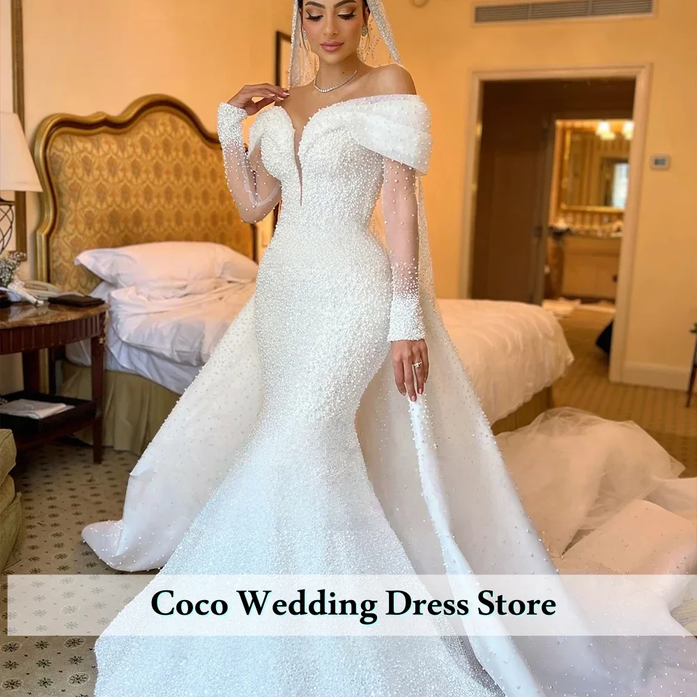 Customized V Neck Sparkling Pearls Beading Mermaid Wedding Dresses With Detachable Train 2 IN 1 Style Long Sleeves Bridal Gowns