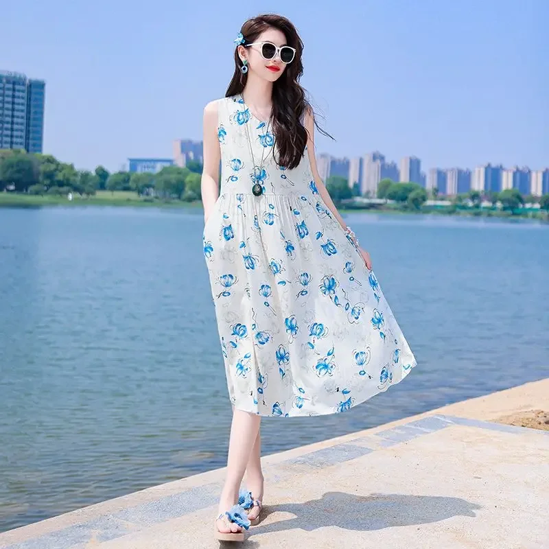 Modna sukienka na ramiączkach z motywem kwiatowym, wykonana z sztucznego jedwabiu bawełnianego, damska letnia sukienka dla mamy, luźna, duży rozmiar, spódnica o kroju litery A za kolano.
