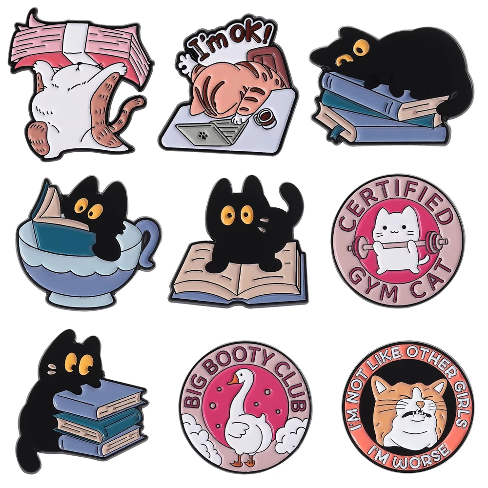 Cute Book Cat Enamel Brooches Lapel Pins Computer Barbell Fun Cat Animal Metal Badge Punk Clothes Jewelry Gift For Friends Kids