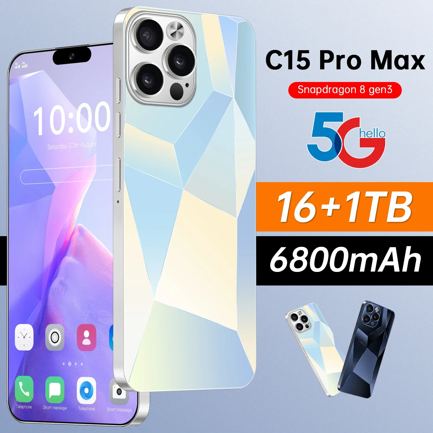 C15 Pro Max Mobile Phones 6.8HD Original Smartphone 5G Dual SIM Android14 Cell Phone Snapdragon8 Gen3 Global Version Cellphones