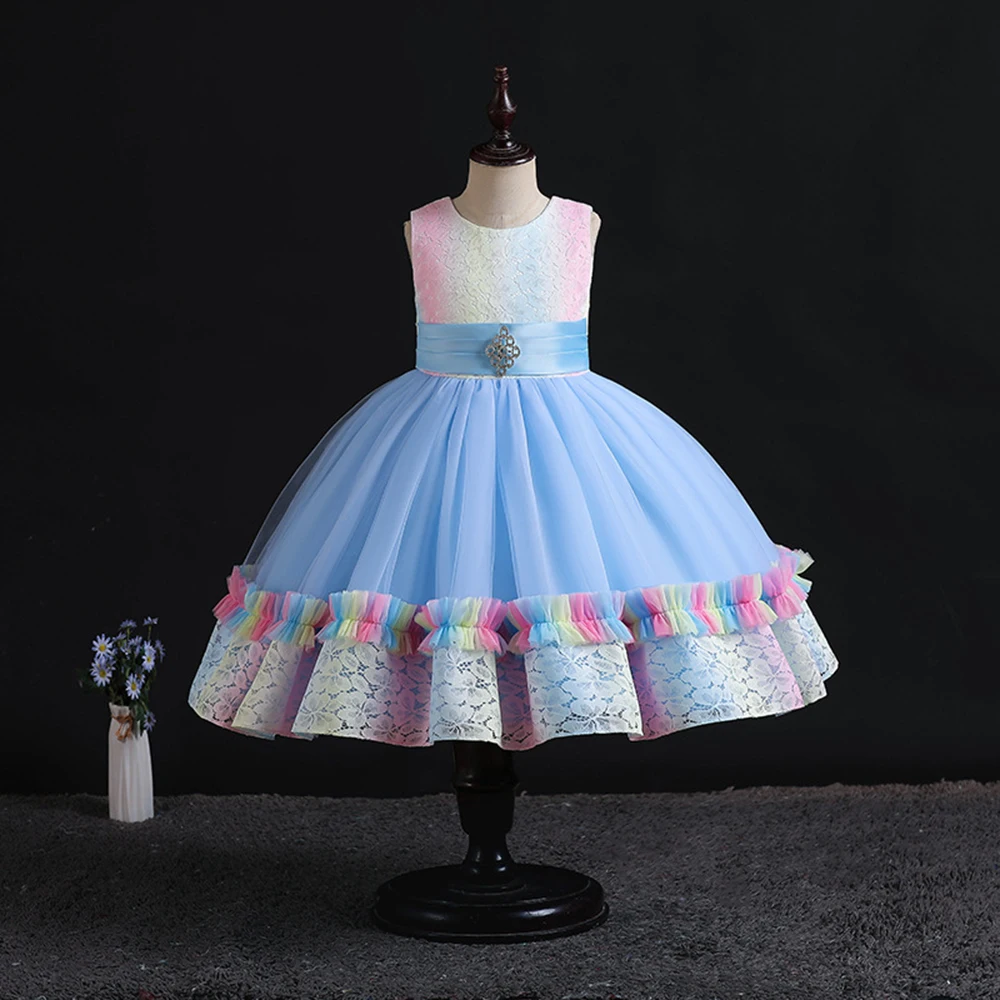 HETISO Vintage Girls Rainbow Mesh Sleeveless Dress Lace Tulle Adorable Outfit Children's Elegant Prom Gown 4-12 Years