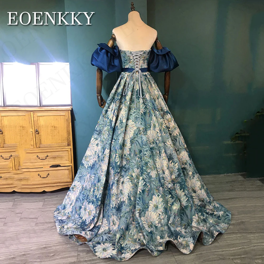 Luxury Flora Print Blue Korean Prom Dresses Removable Puff Sleeves Strapless A Line Evening Gowns Formal Occasion Floor Length