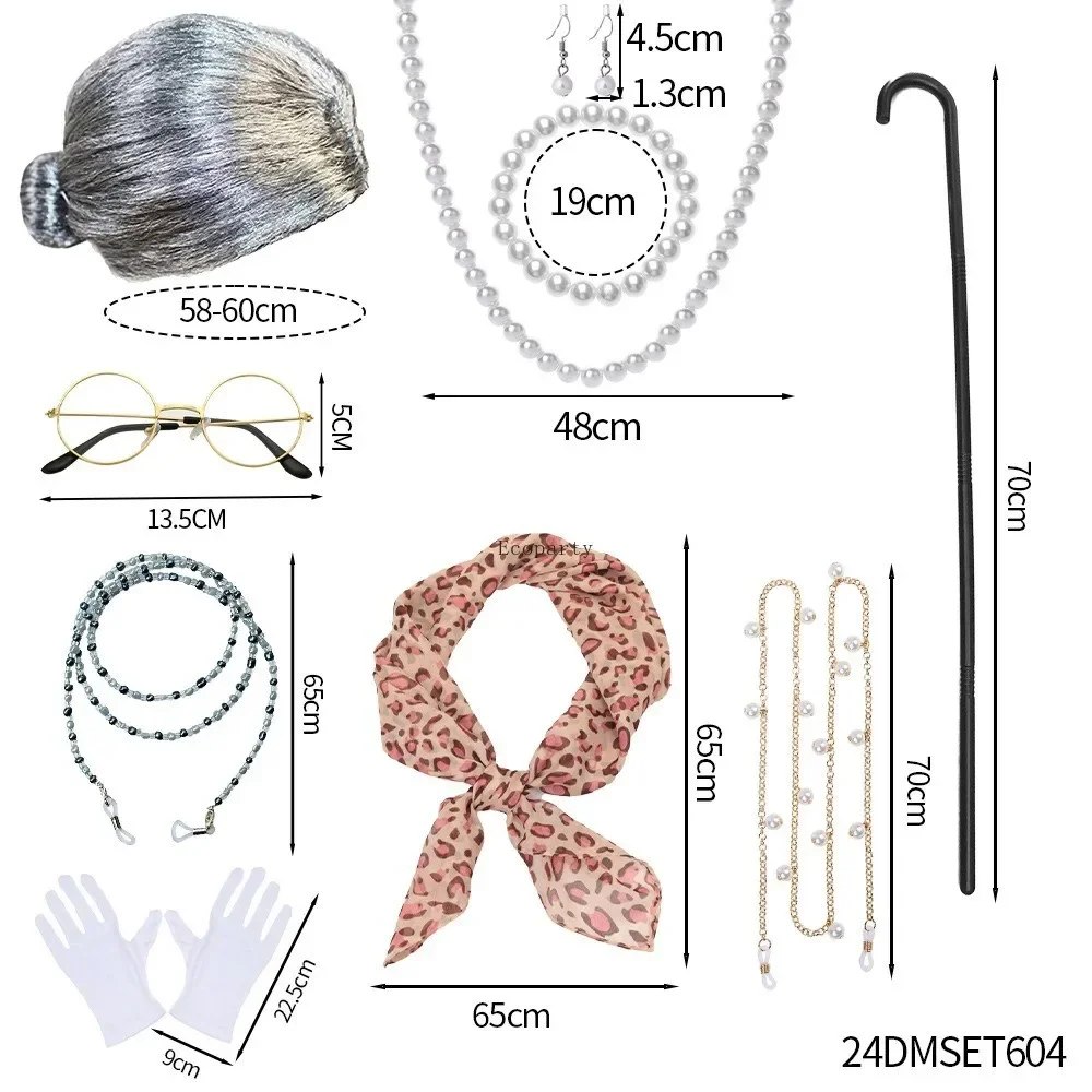New Disfraz Granny Party set 9 pieces, including granny wig glasses and faux pearl necklace halloween party costume accessories