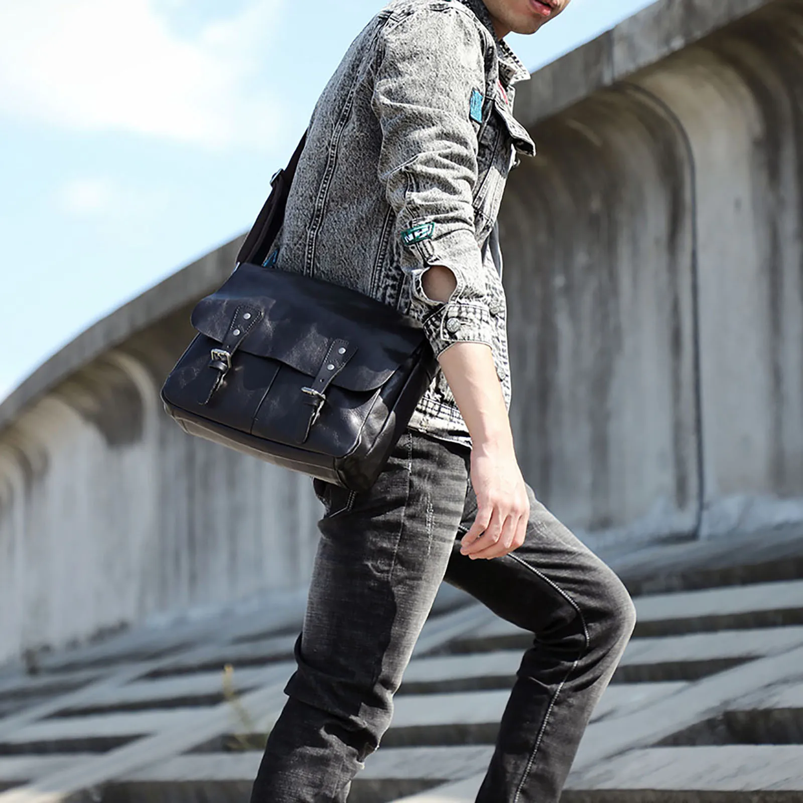 S.WORKER Echtleder Herren-Umhängetasche, Crossbody-Taschen, einfache Messenger-Taschen, Rindsledertasche, pflanzlich gegerbte Mode, lässig. – Detail 5