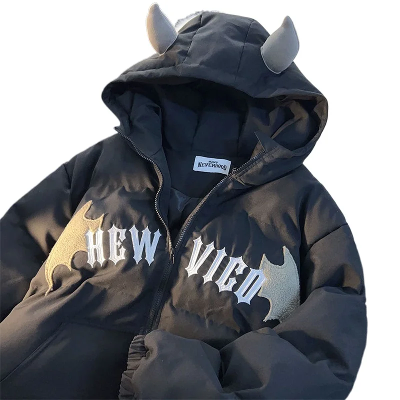 

Зимняя толстая стеганая куртка с вышивкой демона y2k, уличная одежда, топы, хлопковые куртки, ветрозащитные водонепроницаемые пальто, сохраняющие тепло, мужская одежда
